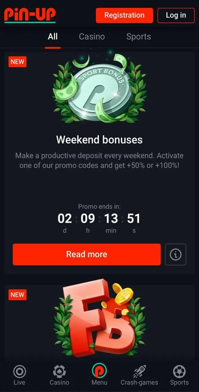 Promotions from Интуитивный интерфейс приложения Pin Up