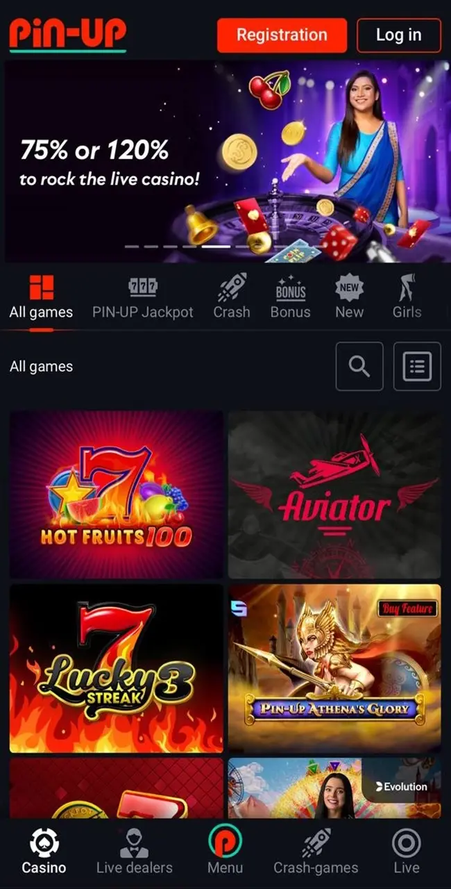 Интуитивный интерфейс приложения Pin Up Online Casino.